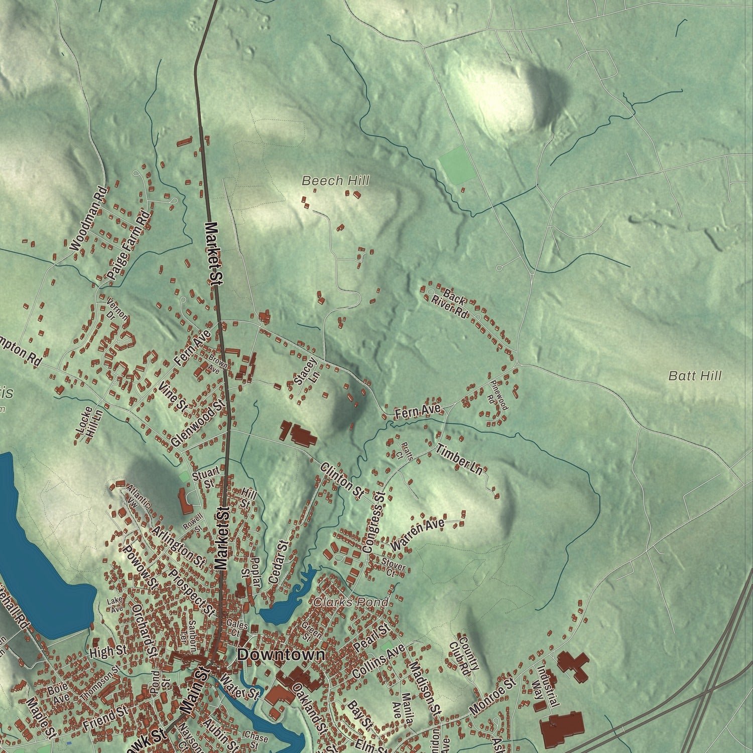 Close-up of the map of Amesbury, Massachusetts print showing terrain and local geography