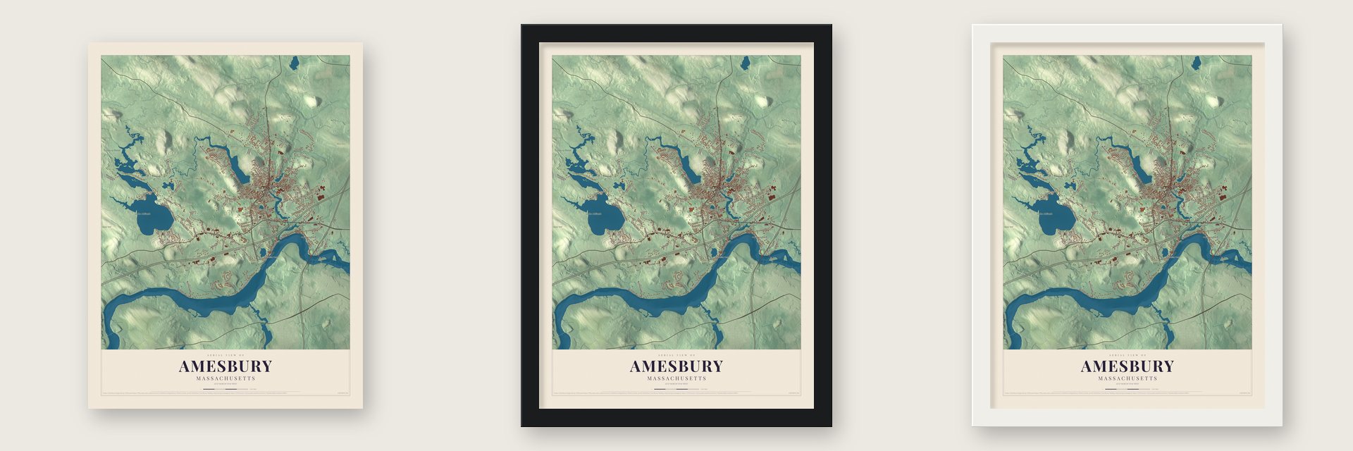 Amesbury, Massachusetts map unframed, in a black wood frame and in a white wood frame