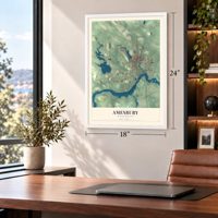 Amesbury, Massachusetts map, 18 x 24 inch print in a white frame in a home office