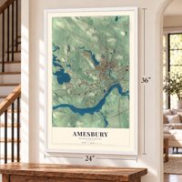 Amesbury, Massachusetts map, 24 x 36 inch print in a white frame by a staircase