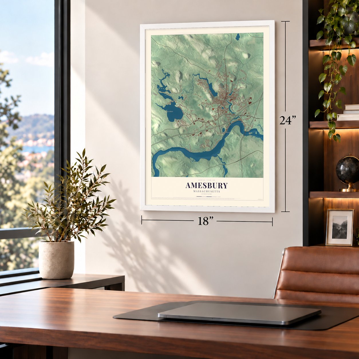 Amesbury, Massachusetts map, 18 x 24 inch print in a white frame in a home office