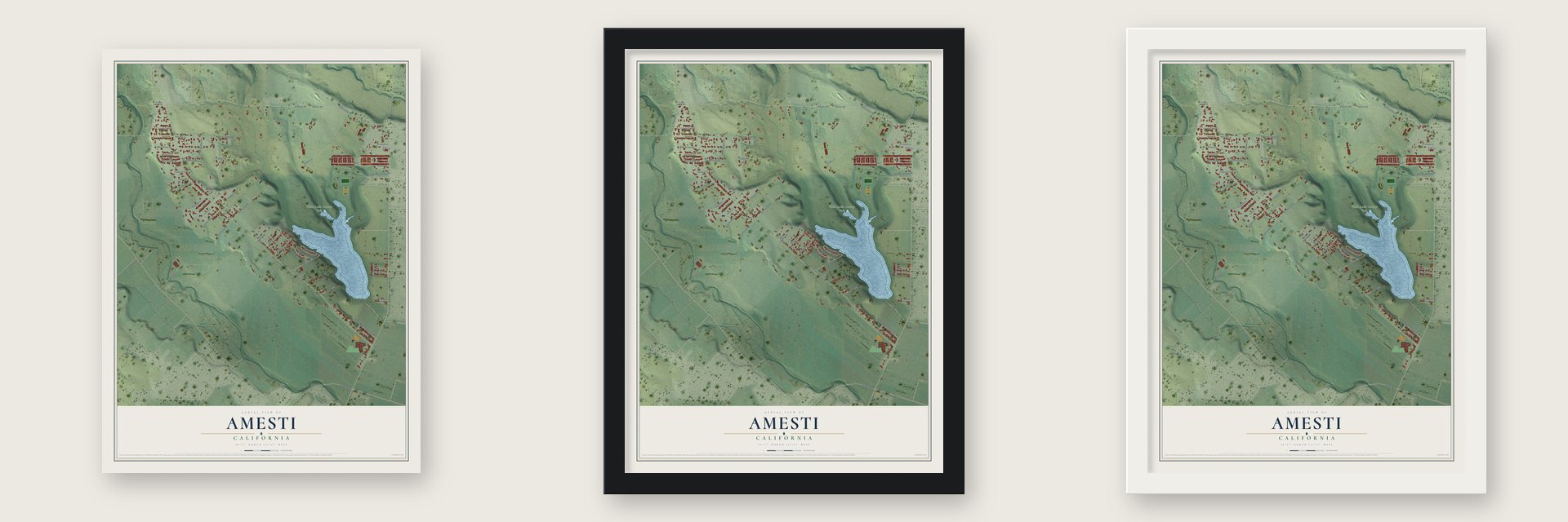 Amesti, California map unframed, in a black wood frame and in a white wood frame