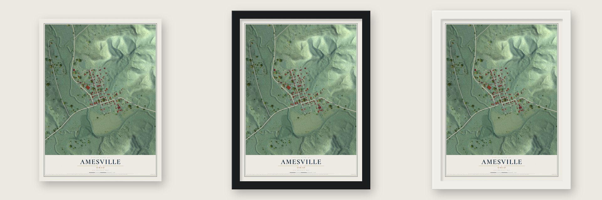 Amesville, Ohio map unframed, in a black wood frame and in a white wood frame
