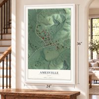 Amesville, Ohio map, 24 x 36 inch print in a white frame by a staircase