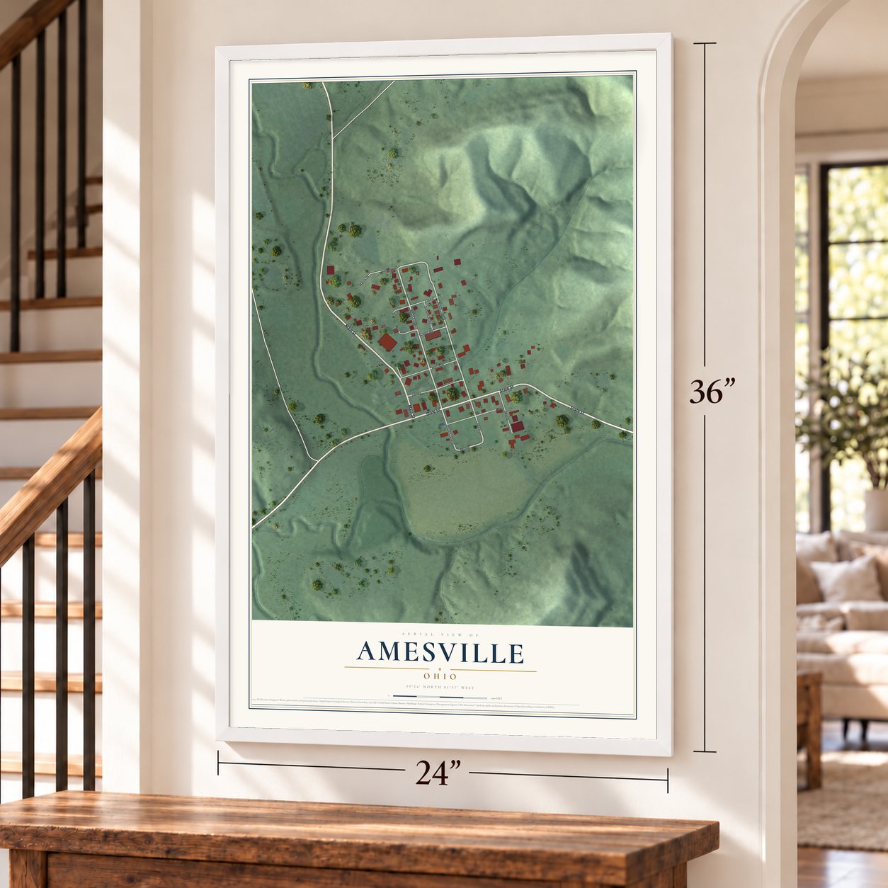Amesville, Ohio map, 24 x 36 inch print in a white frame by a staircase