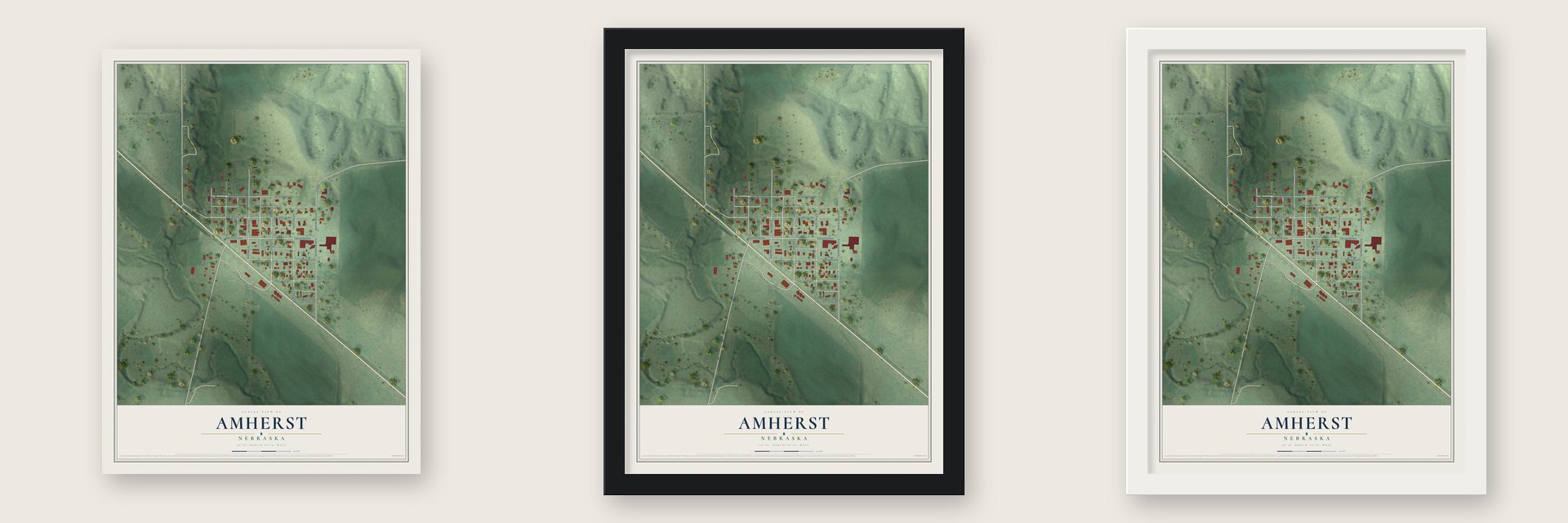 Amherst, Nebraska map unframed, in a black wood frame and in a white wood frame
