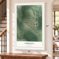 Amherst, Nebraska map, 24 x 36 inch print in a white frame by a staircase