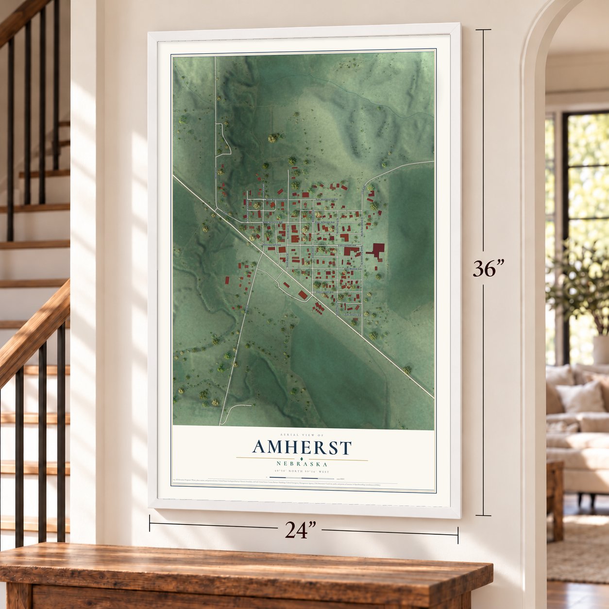 Amherst, Nebraska map, 24 x 36 inch print in a white frame by a staircase