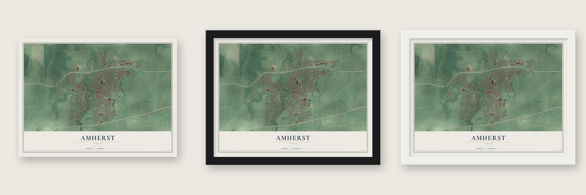 Amherst, Ohio map unframed, in a black wood frame and in a white wood frame
