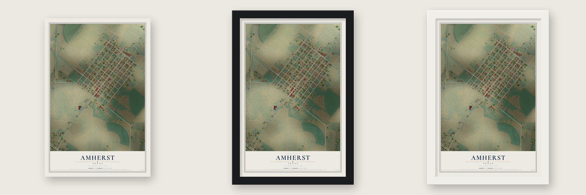 Amherst, Texas map unframed, in a black wood frame and in a white wood frame