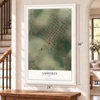 Amherst, Texas map, 24 x 36 inch print in a white frame by a staircase