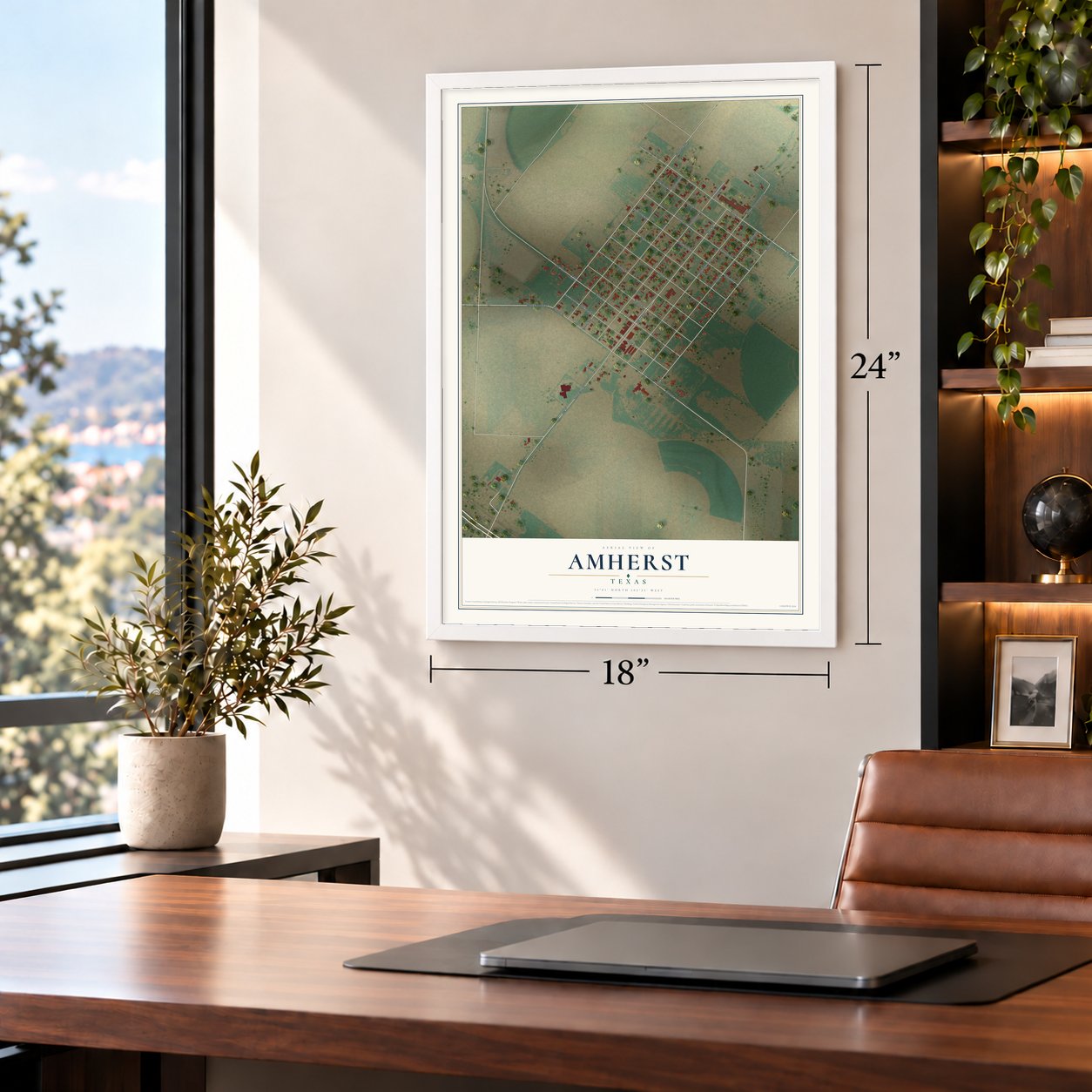Amherst, Texas map, 18 x 24 inch print in a white frame in a home office
