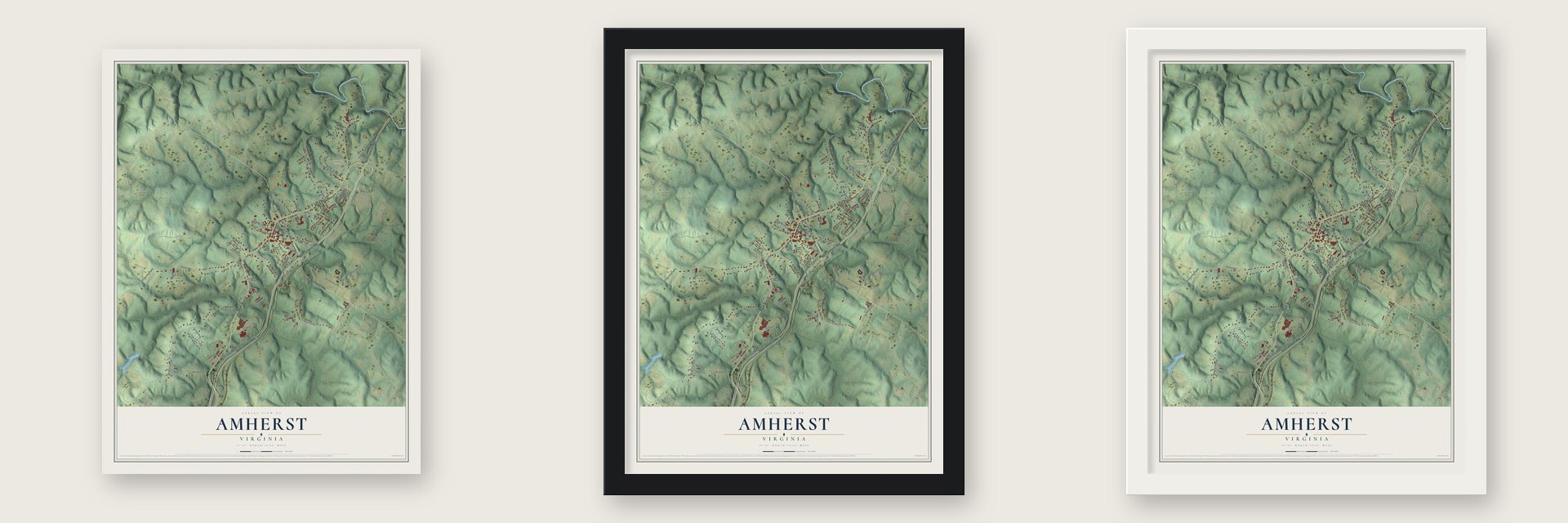 Amherst, Virginia map unframed, in a black wood frame and in a white wood frame