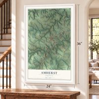 Amherst, Virginia map, 24 x 36 inch print in a white frame by a staircase