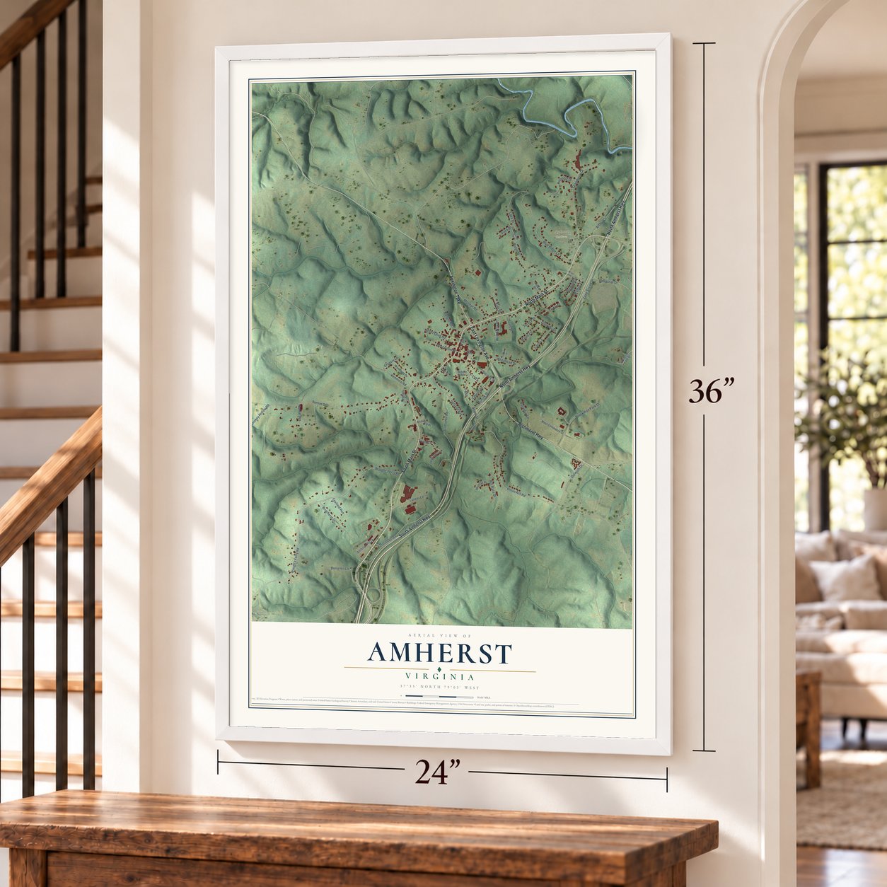 Amherst, Virginia map, 24 x 36 inch print in a white frame by a staircase
