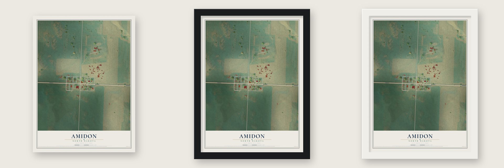 Amidon, North Dakota map unframed, in a black wood frame and in a white wood frame