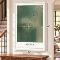 Amidon, North Dakota map, 24 x 36 inch print in a white frame by a staircase
