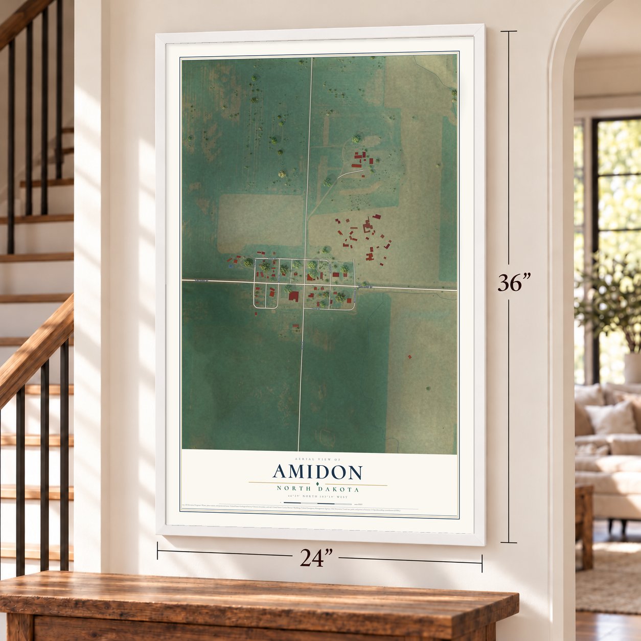 Amidon, North Dakota map, 24 x 36 inch print in a white frame by a staircase