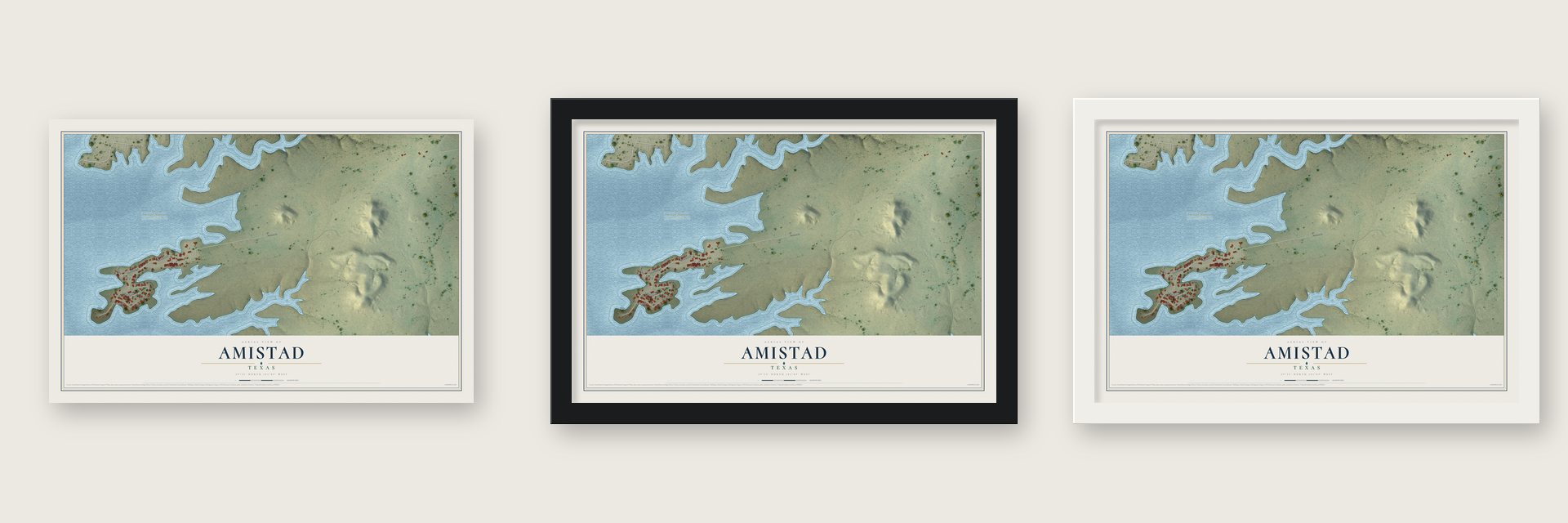 Amistad, Texas map unframed, in a black wood frame and in a white wood frame