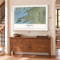 Amistad, Texas map, 24 x 36 inch print in a white frame above a dresser by a staircase