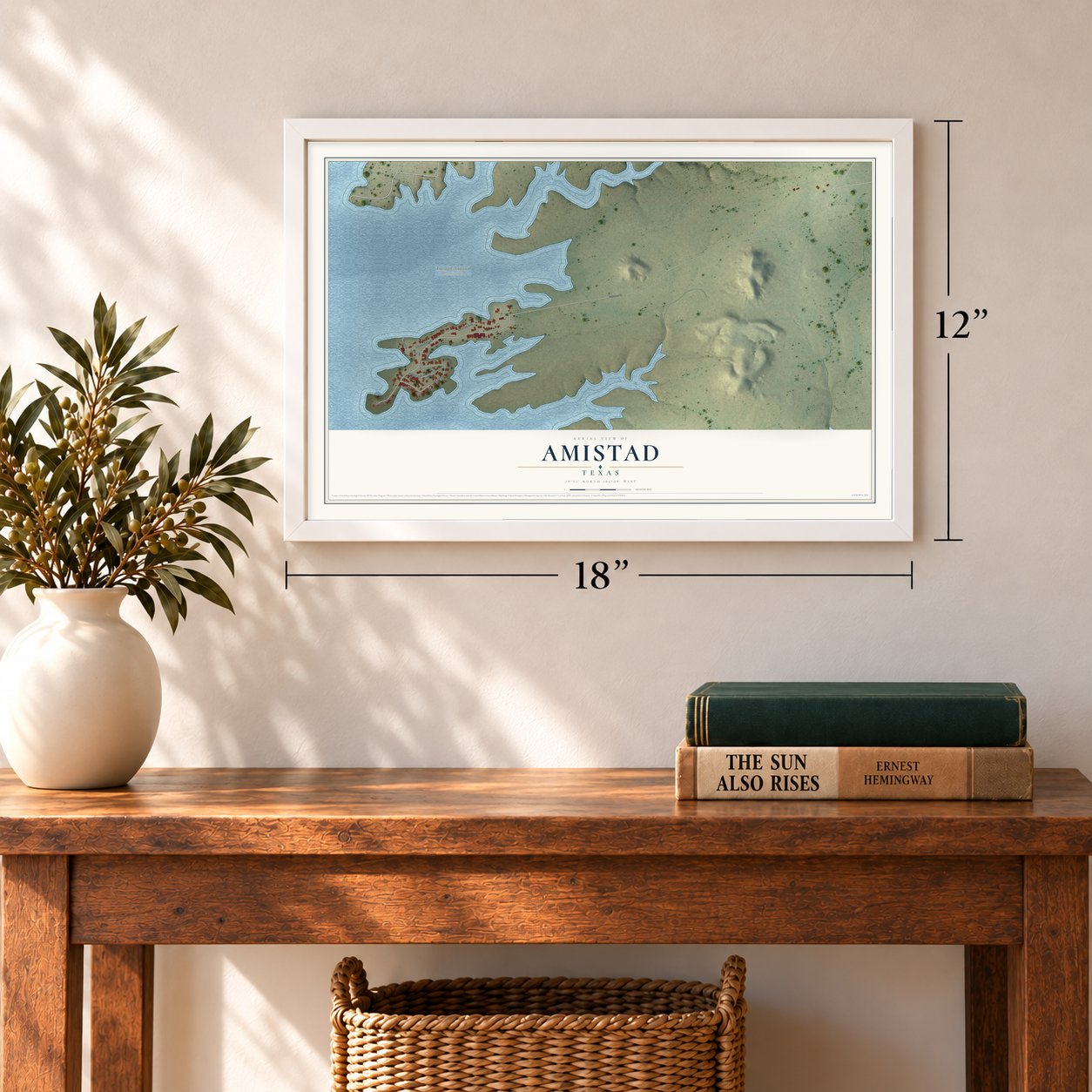Amistad, Texas map, 12 x 18 inch print in a white frame in an entryway
