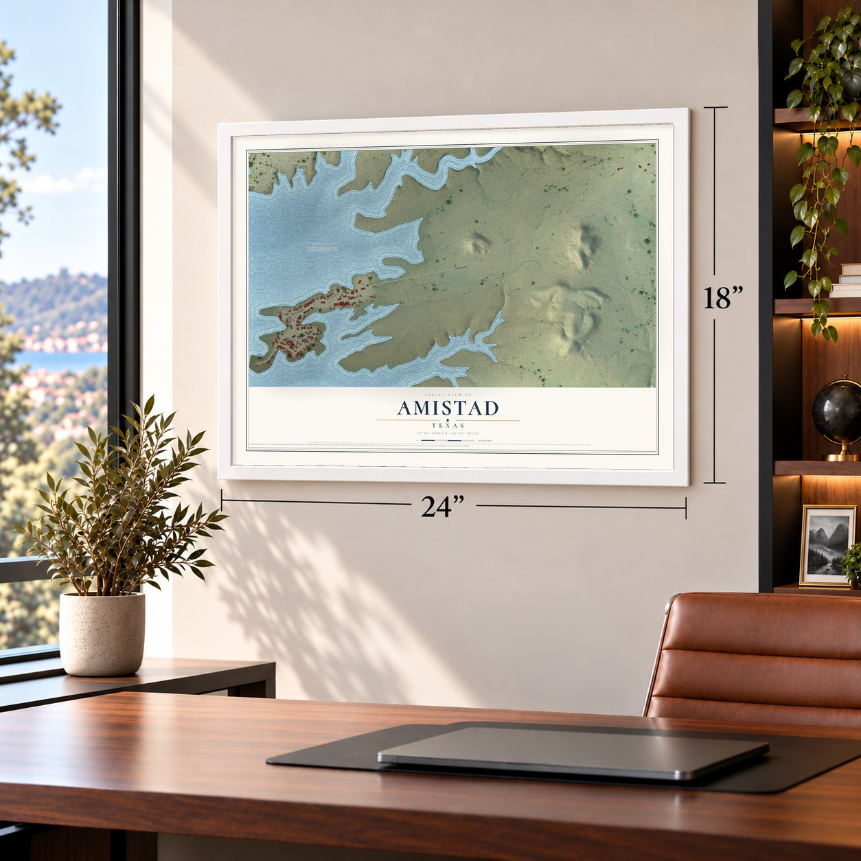 Amistad, Texas map, 18 x 24 inch print in a white frame in a home office