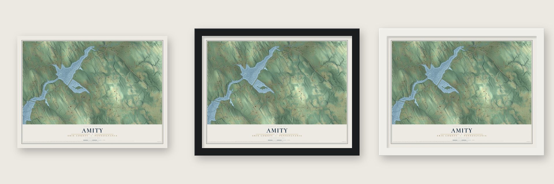 Amity, Erie County, Pennsylvania map unframed, in a black wood frame and in a white wood frame