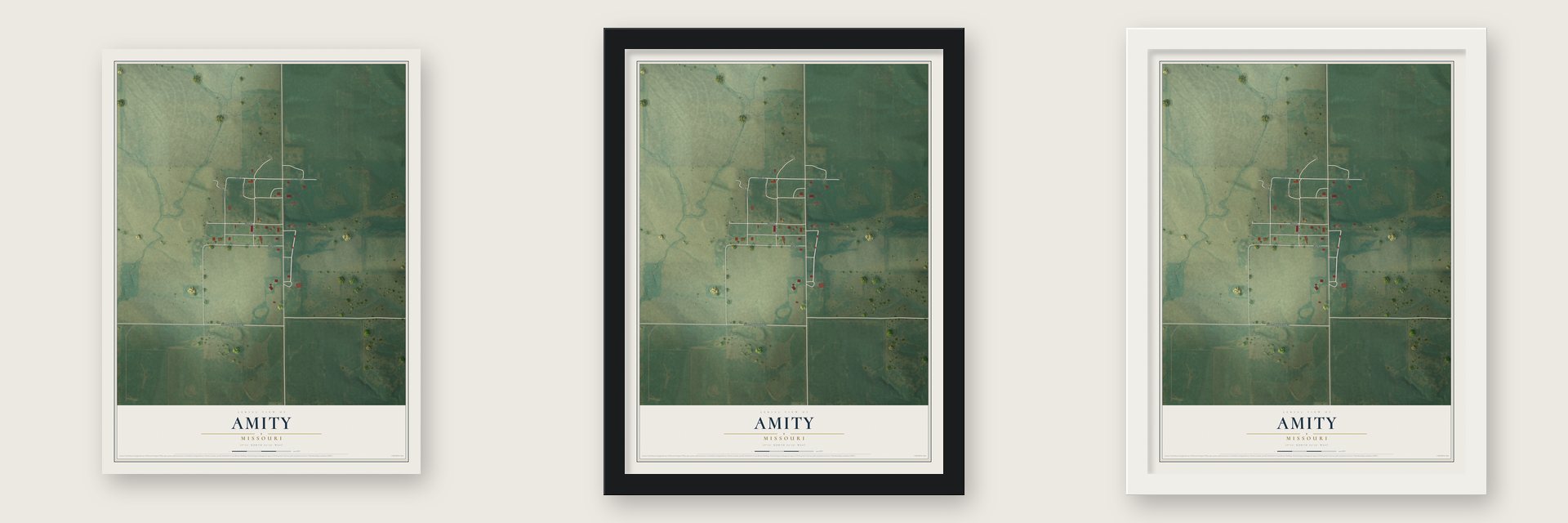 Amity, Missouri map unframed, in a black wood frame and in a white wood frame