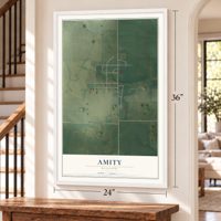 Amity, Missouri map, 24 x 36 inch print in a white frame by a staircase