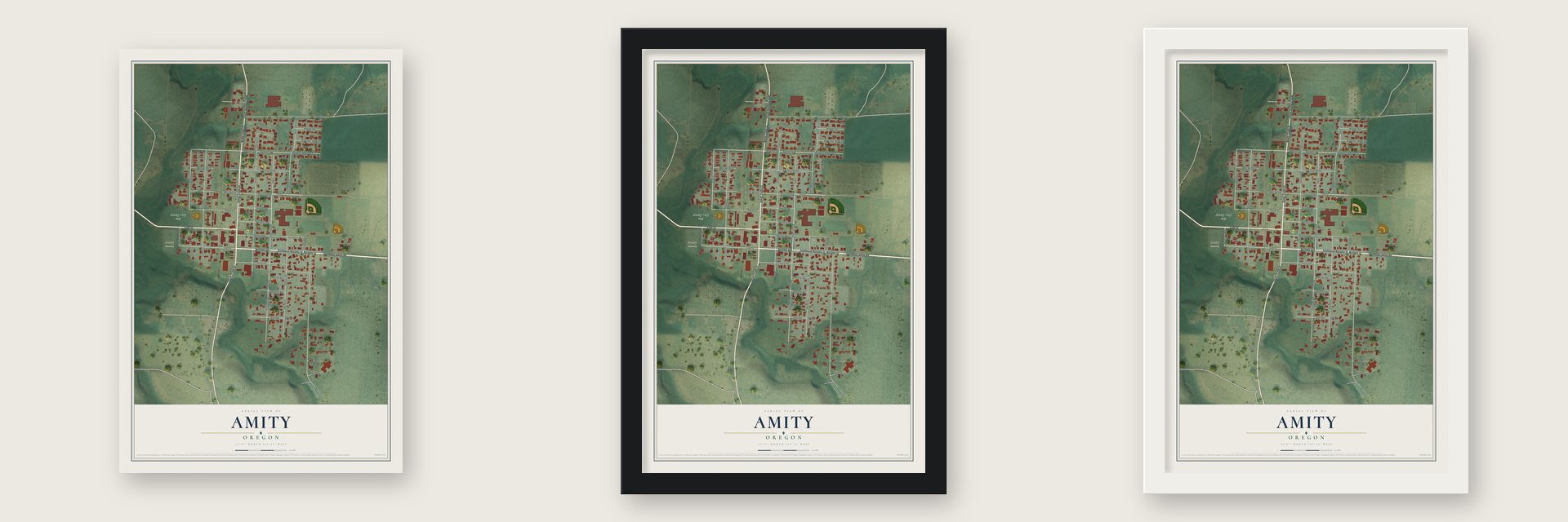 Amity, Oregon map unframed, in a black wood frame and in a white wood frame