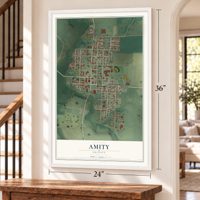 Amity, Oregon map, 24 x 36 inch print in a white frame by a staircase