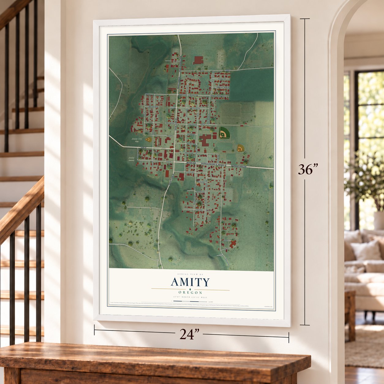 Amity, Oregon map, 24 x 36 inch print in a white frame by a staircase