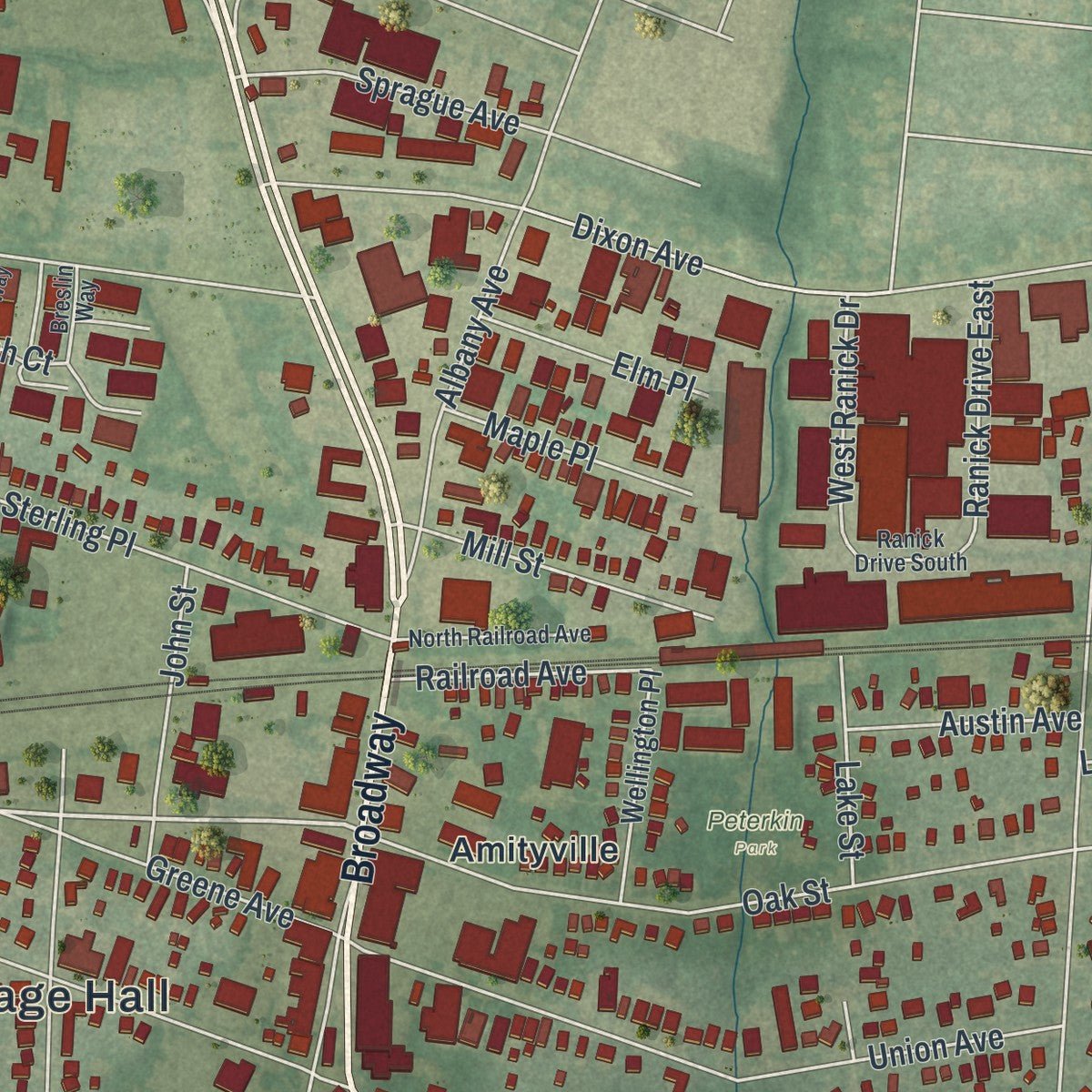 Second close-up of the map of Amityville, New York print showing more streets and buildings