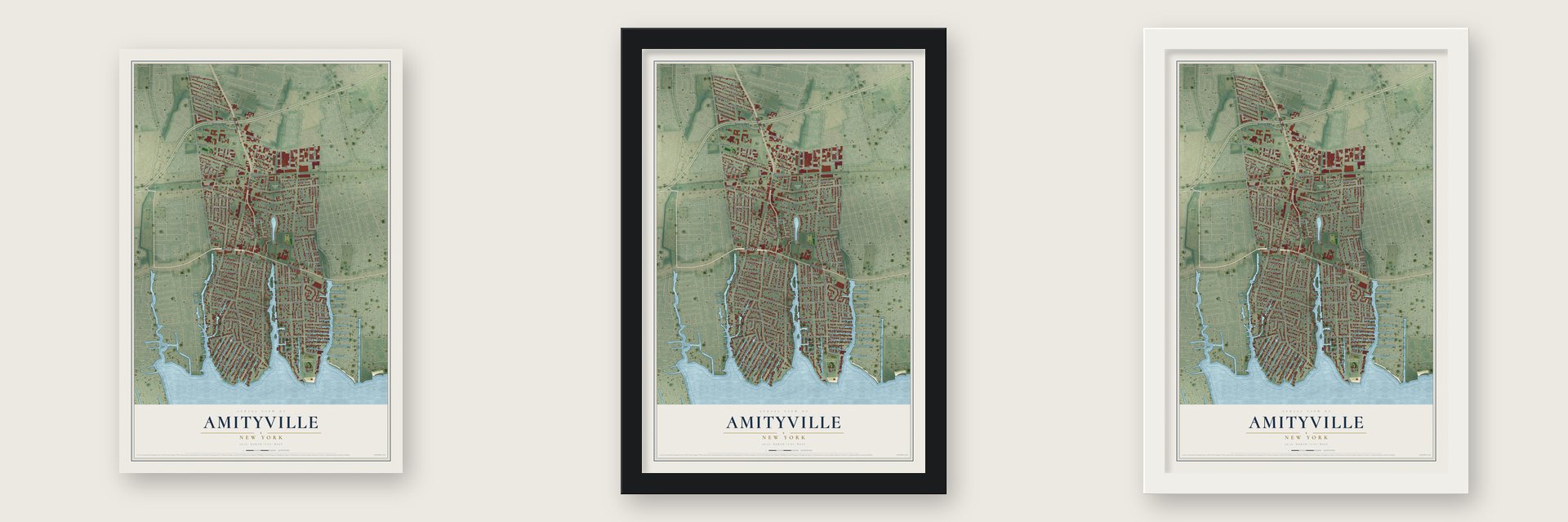 Amityville, New York map unframed, in a black wood frame and in a white wood frame