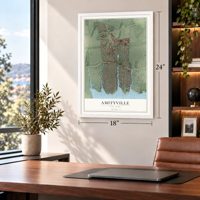 Amityville, New York map, 18 x 24 inch print in a white frame in a home office