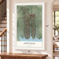 Amityville, New York map, 24 x 36 inch print in a white frame by a staircase