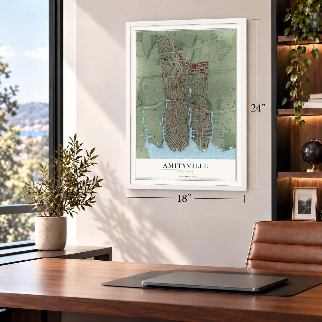 Amityville, New York map, 18 x 24 inch print in a white frame in a home office