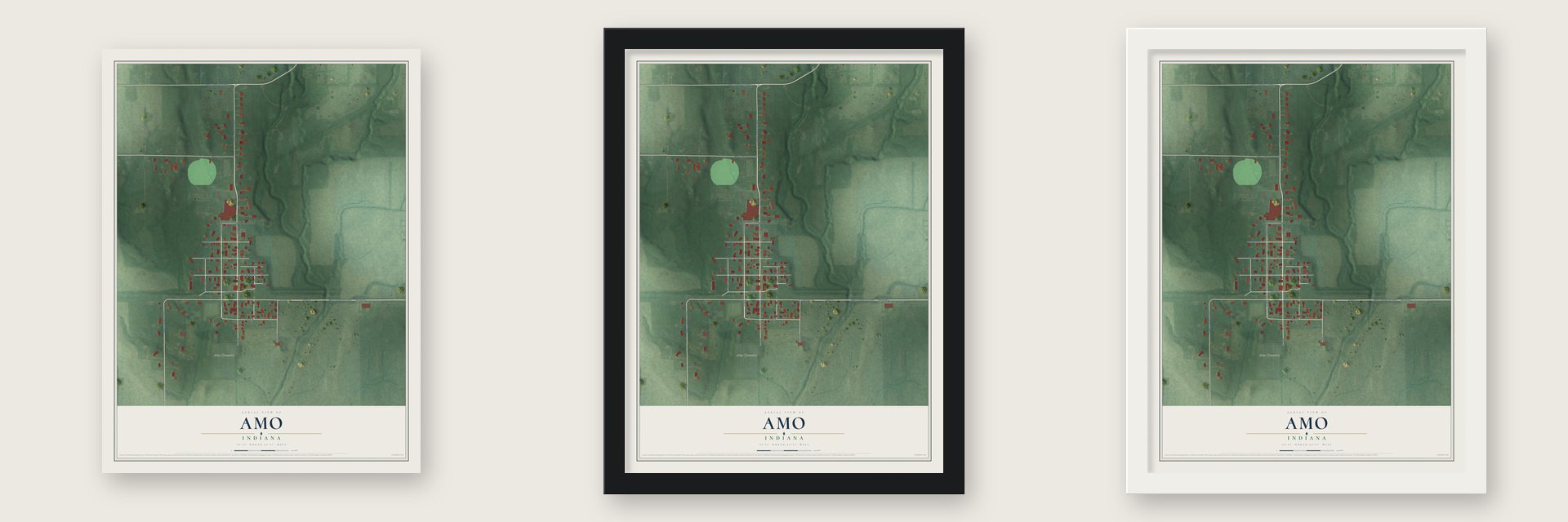 Amo, Indiana map unframed, in a black wood frame and in a white wood frame