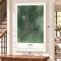 Amo, Indiana map, 24 x 36 inch print in a white frame by a staircase