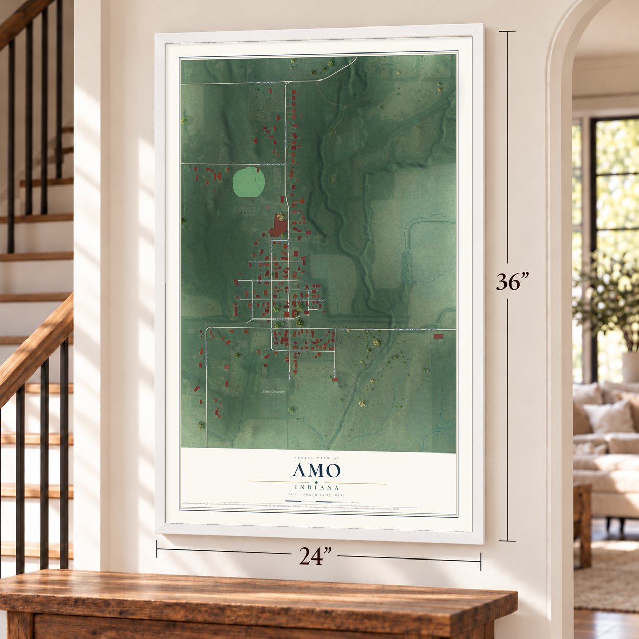 Amo, Indiana map, 24 x 36 inch print in a white frame by a staircase