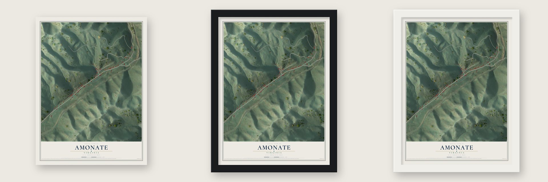 Amonate, Virginia map unframed, in a black wood frame and in a white wood frame
