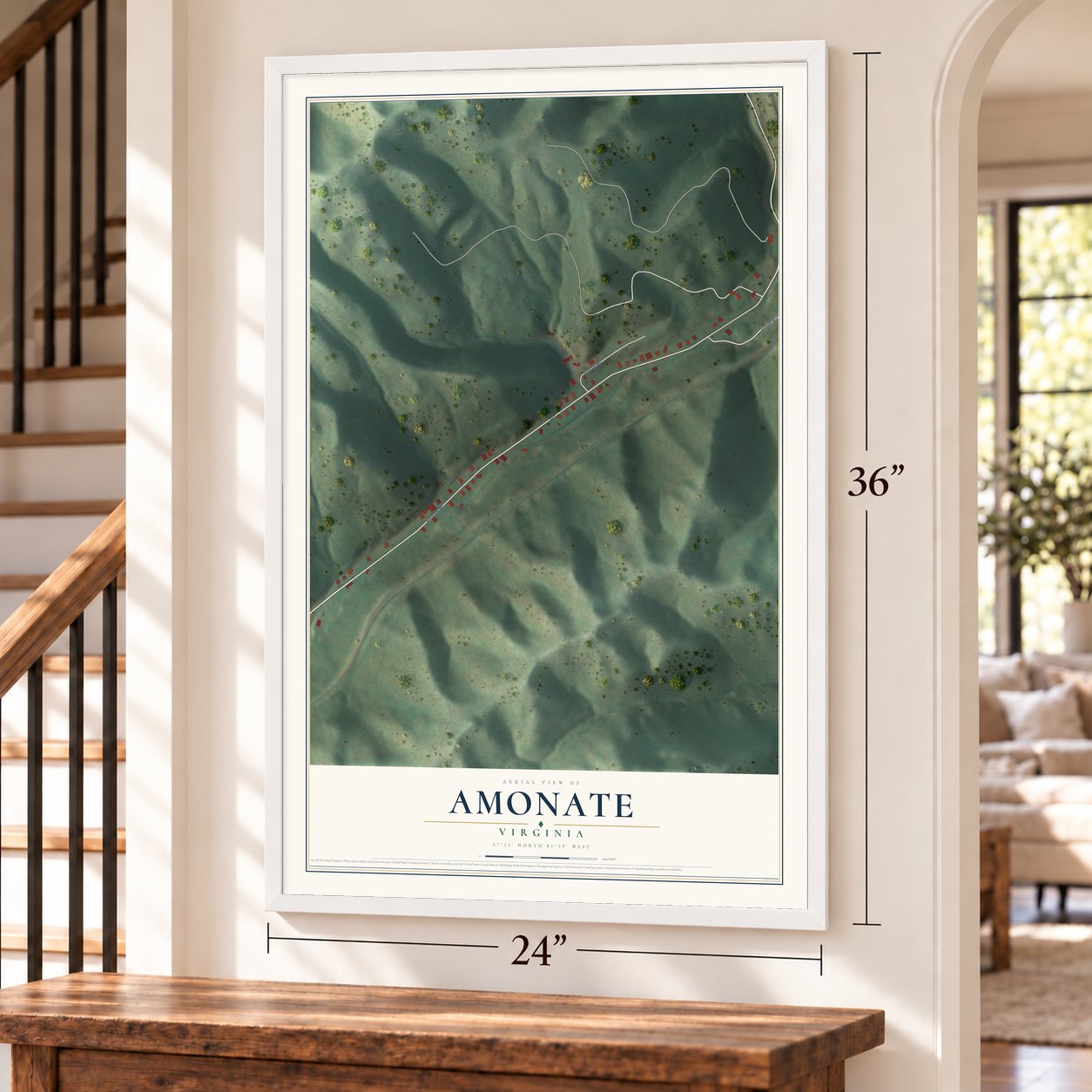 Amonate, Virginia map, 24 x 36 inch print in a white frame by a staircase
