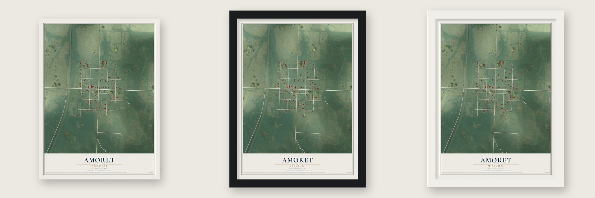 Amoret, Missouri map unframed, in a black wood frame and in a white wood frame