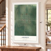 Amoret, Missouri map, 24 x 36 inch print in a white frame by a staircase