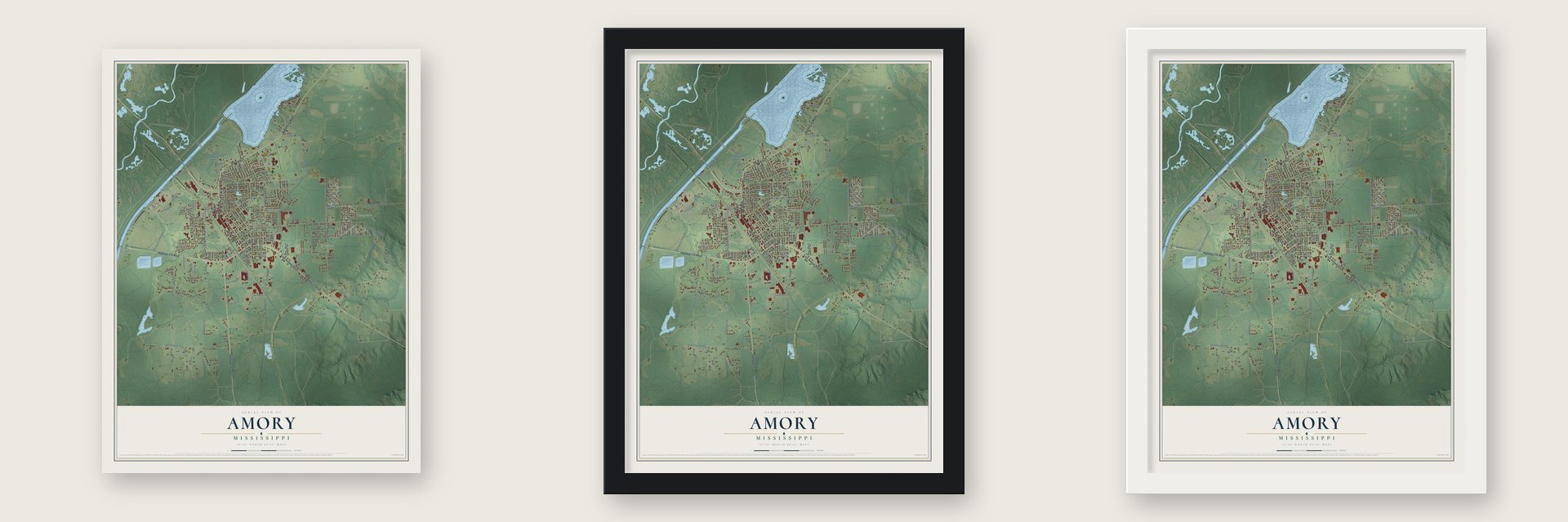 Amory, Mississippi map unframed, in a black wood frame and in a white wood frame