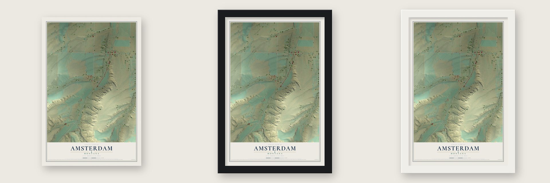Amsterdam, Montana map unframed, in a black wood frame and in a white wood frame