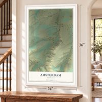 Amsterdam, Montana map, 24 x 36 inch print in a white frame by a staircase