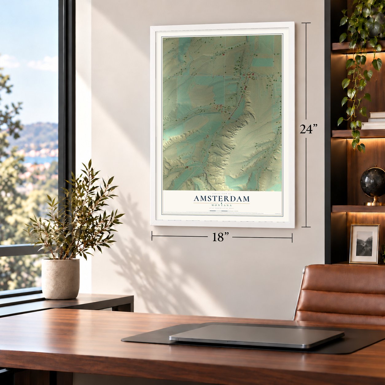 Amsterdam, Montana map, 18 x 24 inch print in a white frame in a home office