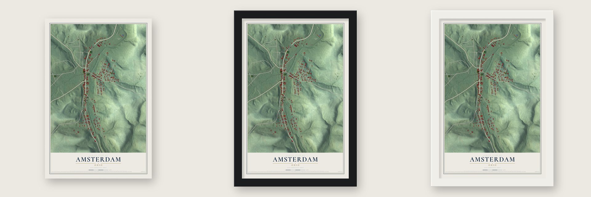 Amsterdam, Ohio map unframed, in a black wood frame and in a white wood frame