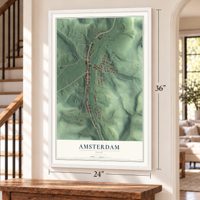 Amsterdam, Ohio map, 24 x 36 inch print in a white frame by a staircase
